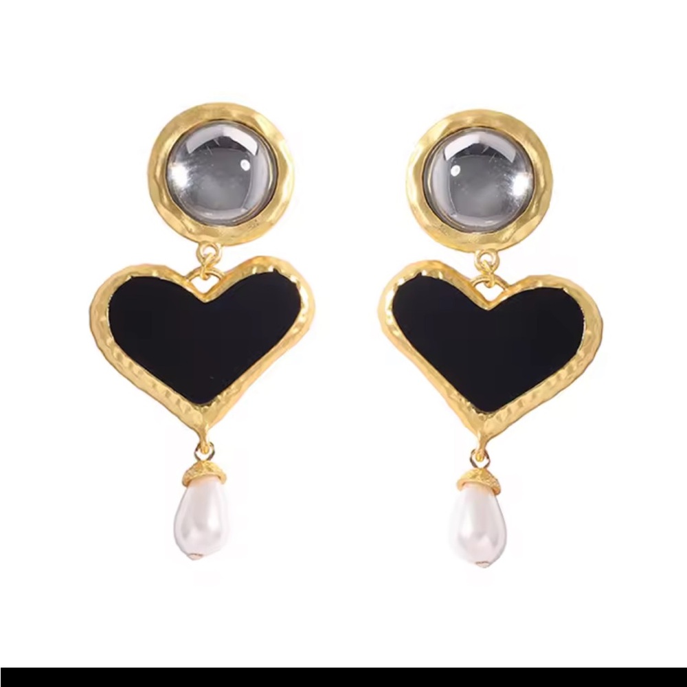 Gold and Black Heart Drop Earrings